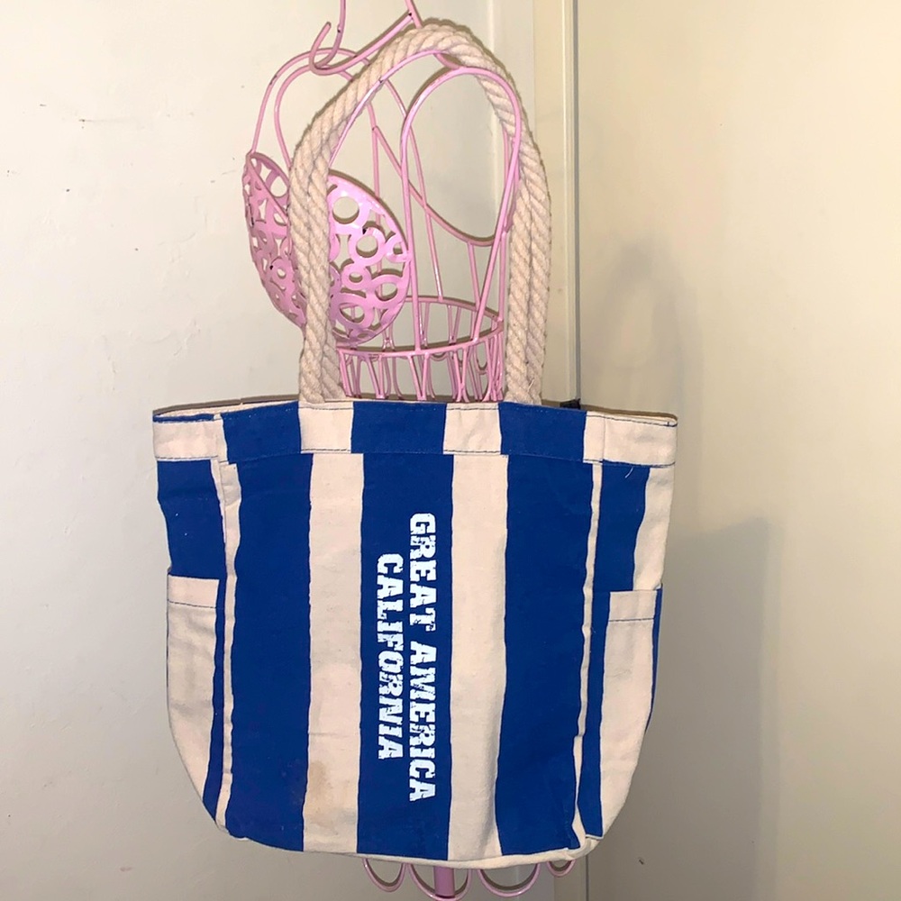 Great America Royal blue/tan stripe canvas cotton purse